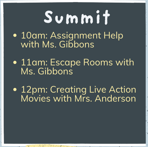 10: Assignment Help (Gibbons) 11: Escape Rooms (Gibbons) 12: Creating Live Action Movies Guest Speaker (Anderson)